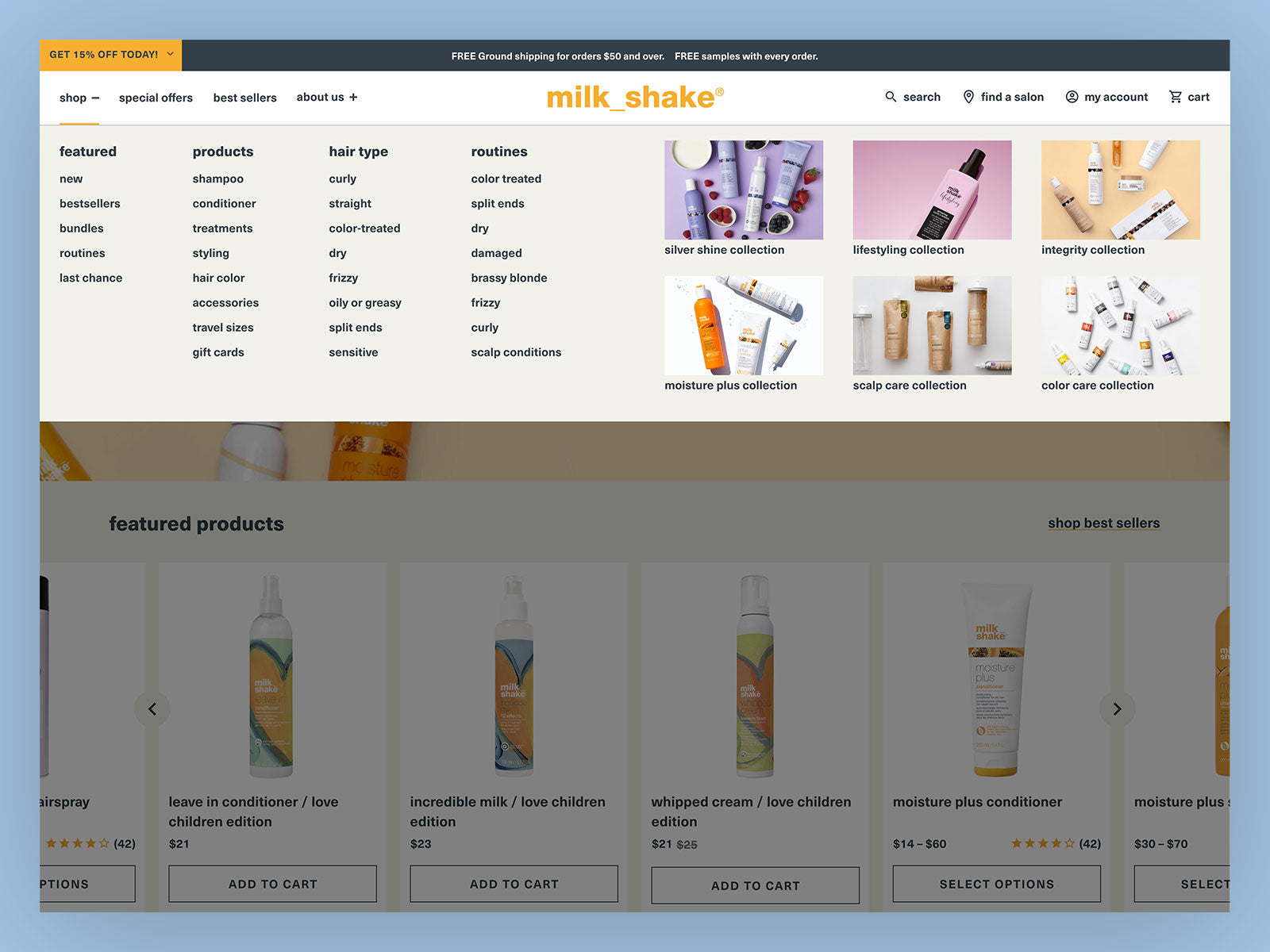Screenshot of Milkshake's homepage with the navigation menu opened up.