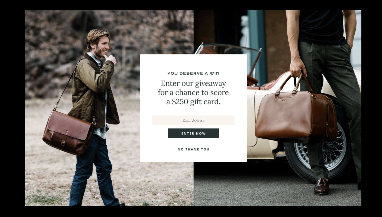 Pop-up on Satchel & Page's website that tells users if the subscribe to emails they'll be entered into a draw to win $250.