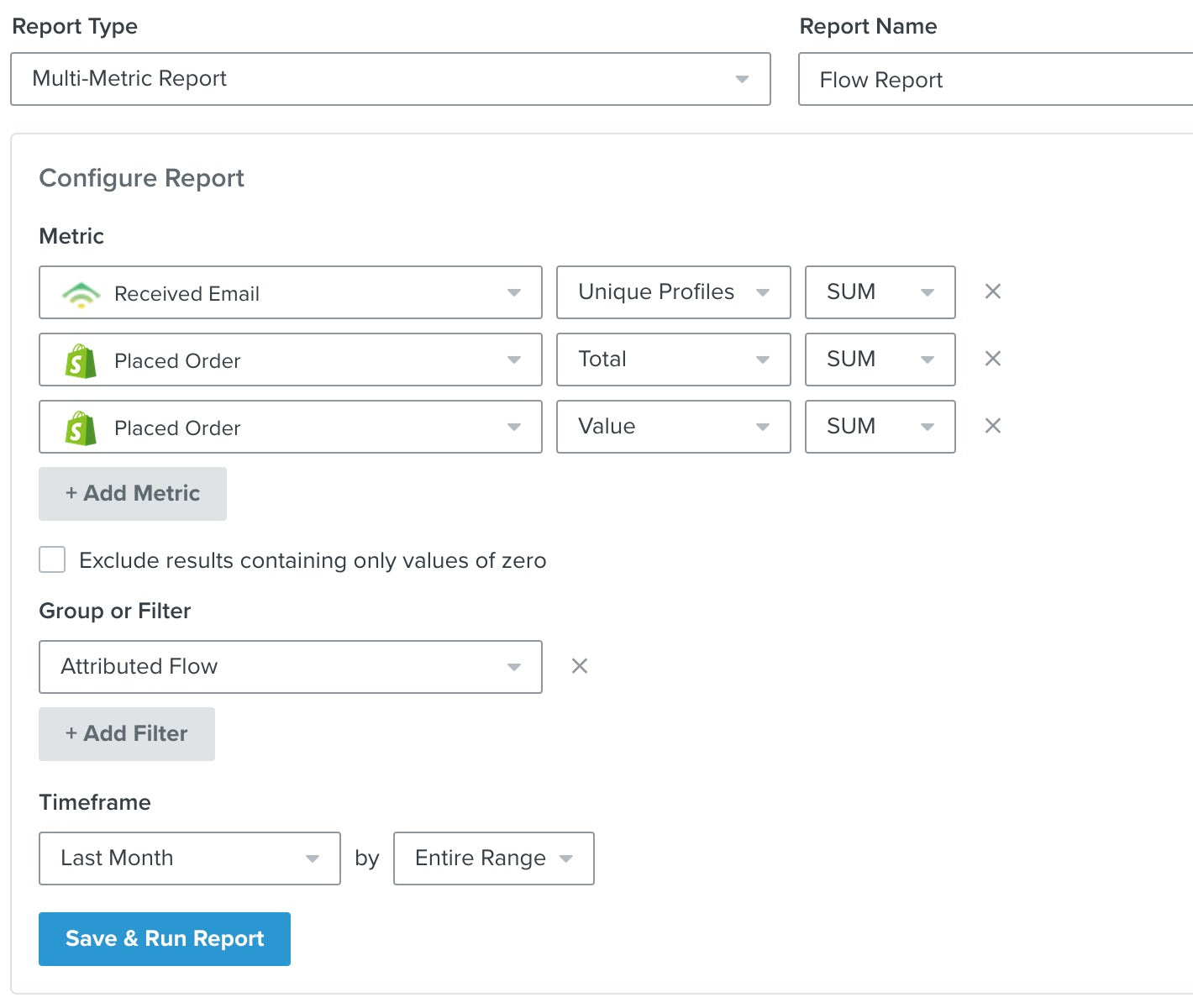 Screenshot of building an automated report in Klaviyo.