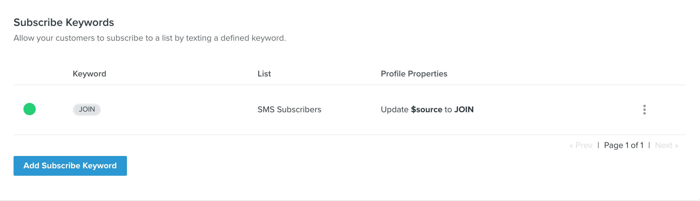 Screenshot of the Klaviyo backend where you can set up an SMS keyword