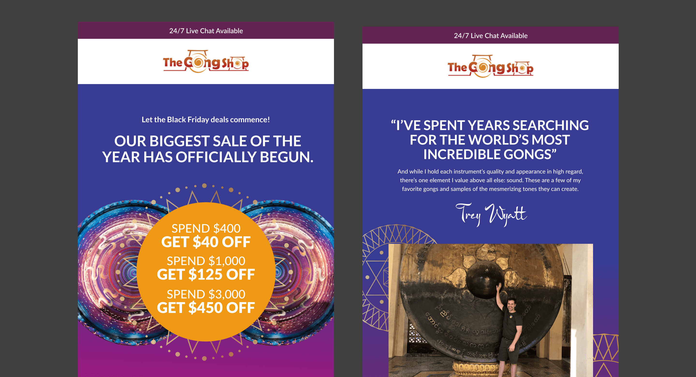 Holiday emails from the Gong Shop