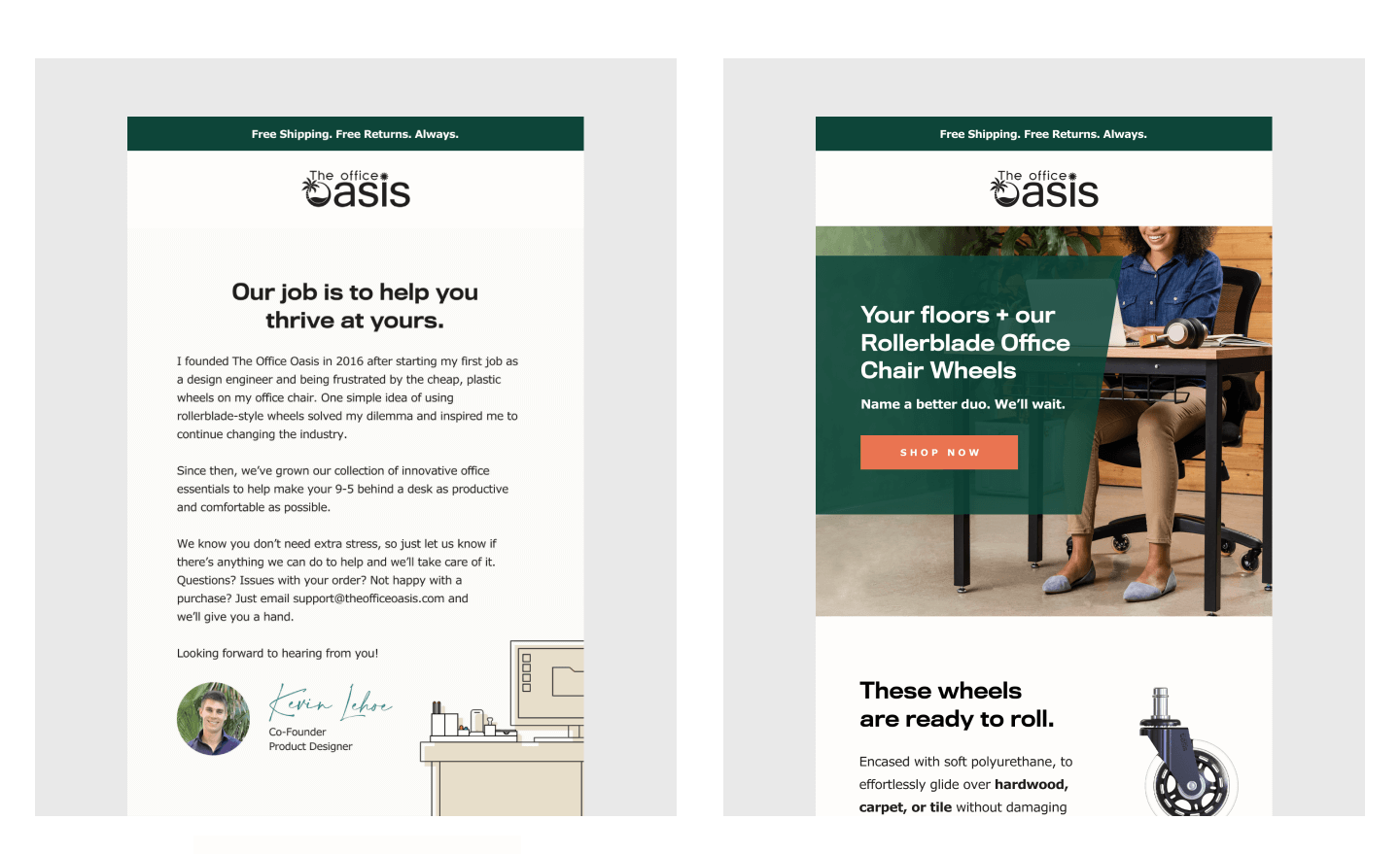 Screenshot of two emails from Office Oasis.