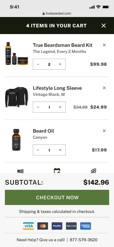 Screenshot of Live Bearded's cart page on mobile.