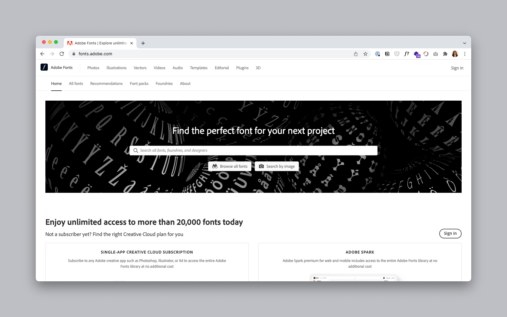 Screenshot of the Adobe Fonts homepage