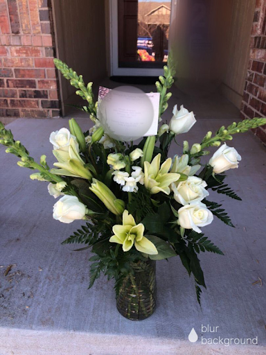 White flowers with long green leaves on a doorstep.