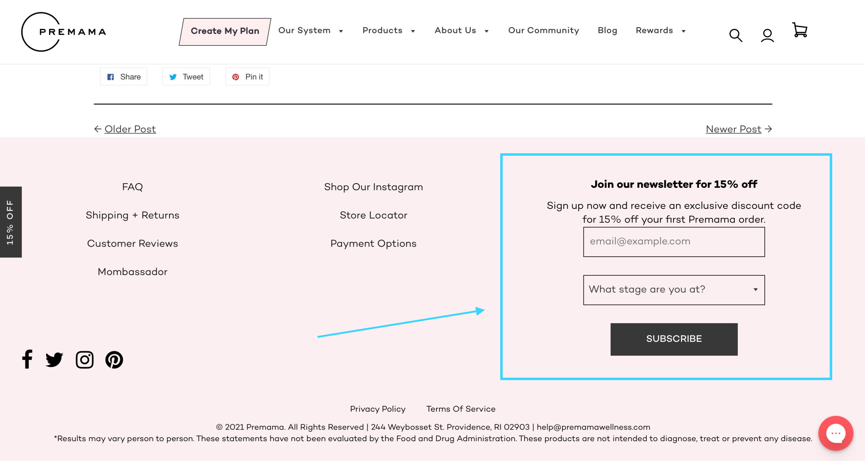 Screenshot from Premama Wellness's footer on their website. There's an email opt-in section where customers can get 15% off their order for signing up.