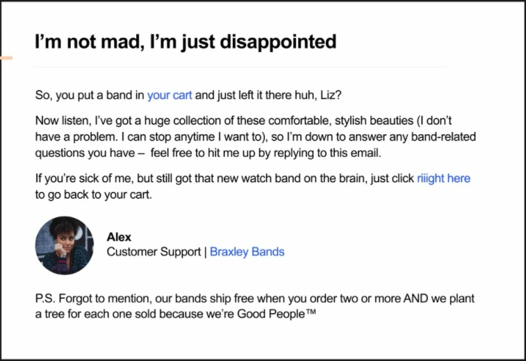 Abandoned cart flow from Braxley Bands that is a plain text email from someone on the support team. It reminds the customer about what they left in their cart.