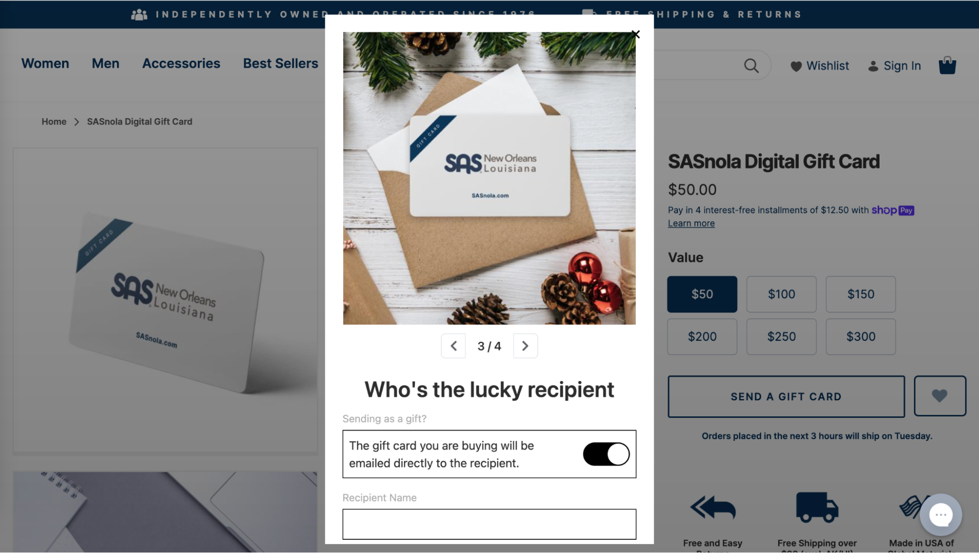 SASnola offers customers the ability to send digital gift cards directly to the recipient