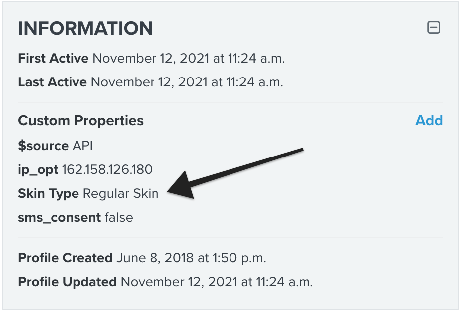 Klaviyo property showing a profile's skin type.