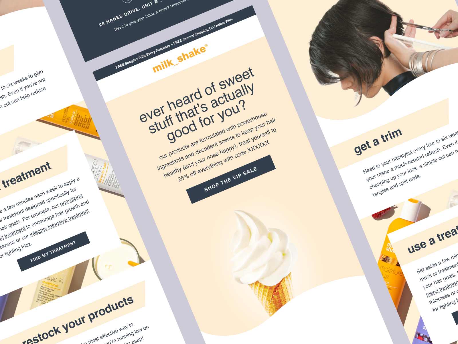 Screenshots of email campaigns from Milkshake