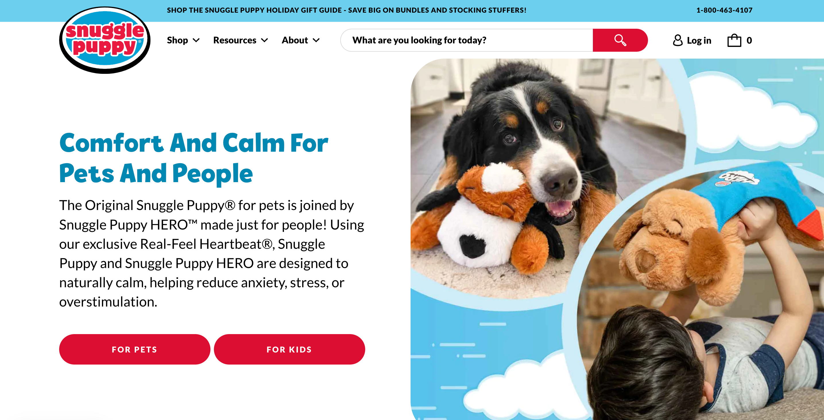 Screenshot of Snuggle Puppy's hero section on the homepage.