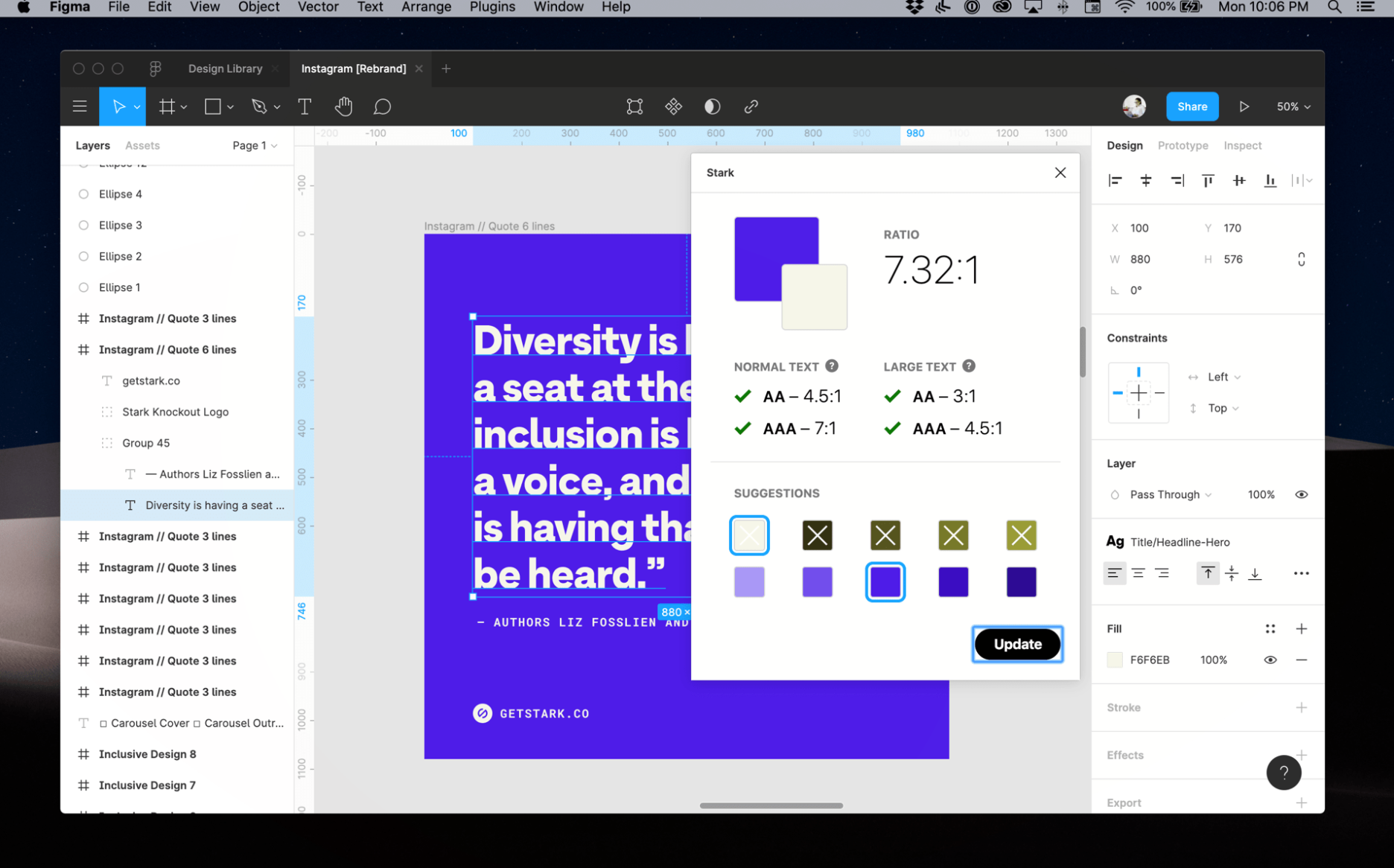 Screenshot of Stark's contrast checker in Figma. It is comparing the color purple with a white text, showing that it is meeting the AAA contrast requirement.