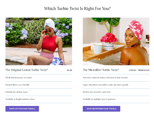 Screenshot from Turbie Twist website that helps customers choose which material is right for their hair type.